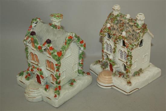 Five Staffordshire porcelain models of cottages and a castle, c.1840, 13.5 - 14cm